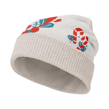 Beige beanie with red and blue floral patterns on a white background