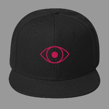Black cap with a pink eye symbol on a white background