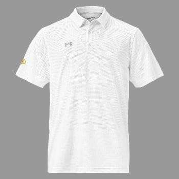 White polo shirt with brand logos on a white background
