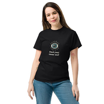 Woman wearing a black t-shirt with a eye design and find your inner soul text on a white background