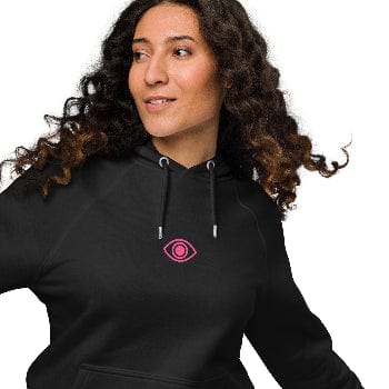 Pretty Eyes - Organic Comfort Hoodie (Centered Pink Logo/DS). Stylized Eye Design™/Femme Energy™ by Arissai - Arissai