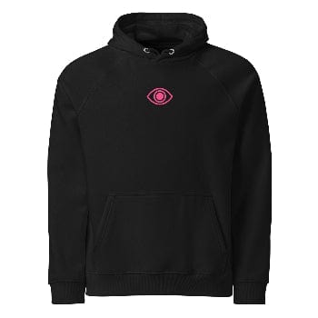 Pretty Eyes - Organic Comfort Hoodie (Centered Pink Logo/DS). Stylized Eye Design™/Femme Energy™ by Arissai - Arissai