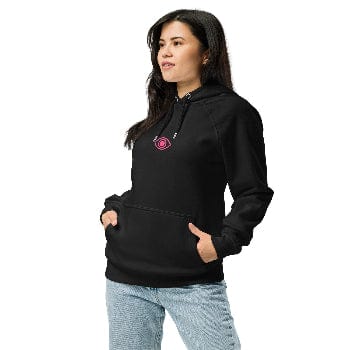 Pretty Eyes - Organic Comfort Hoodie (Centered Pink Logo/DS). Stylized Eye Design™/Femme Energy™ by Arissai - Arissai