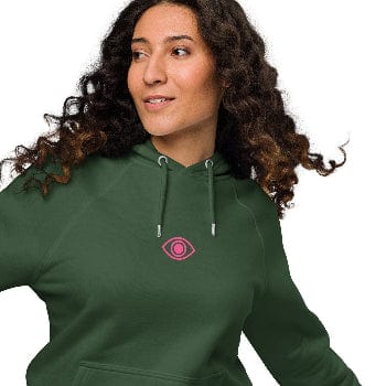 Pretty Eyes - Organic Comfort Hoodie (Centered Pink Logo/DS). Stylized Eye Design™/Femme Energy™ by Arissai - Arissai