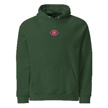 Pretty Eyes - Organic Comfort Hoodie (Centered Pink Logo/DS). Stylized Eye Design™/Femme Energy™ by Arissai - Arissai