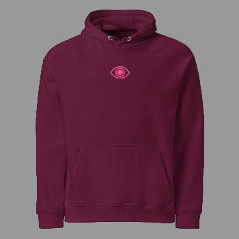 Pretty Eyes - Organic Comfort Hoodie (Centered Pink Logo/DS). Stylized Eye Design™/Femme Energy™ by Arissai - Arissai