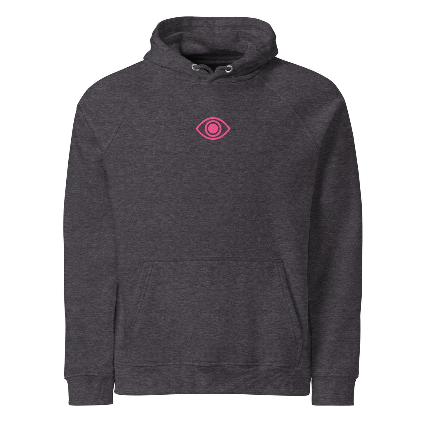 Pretty Eyes - Organic Comfort Hoodie (Centered Pink Logo/DS). Stylized Eye Design™/Femme Energy™ by Arissai - Arissai