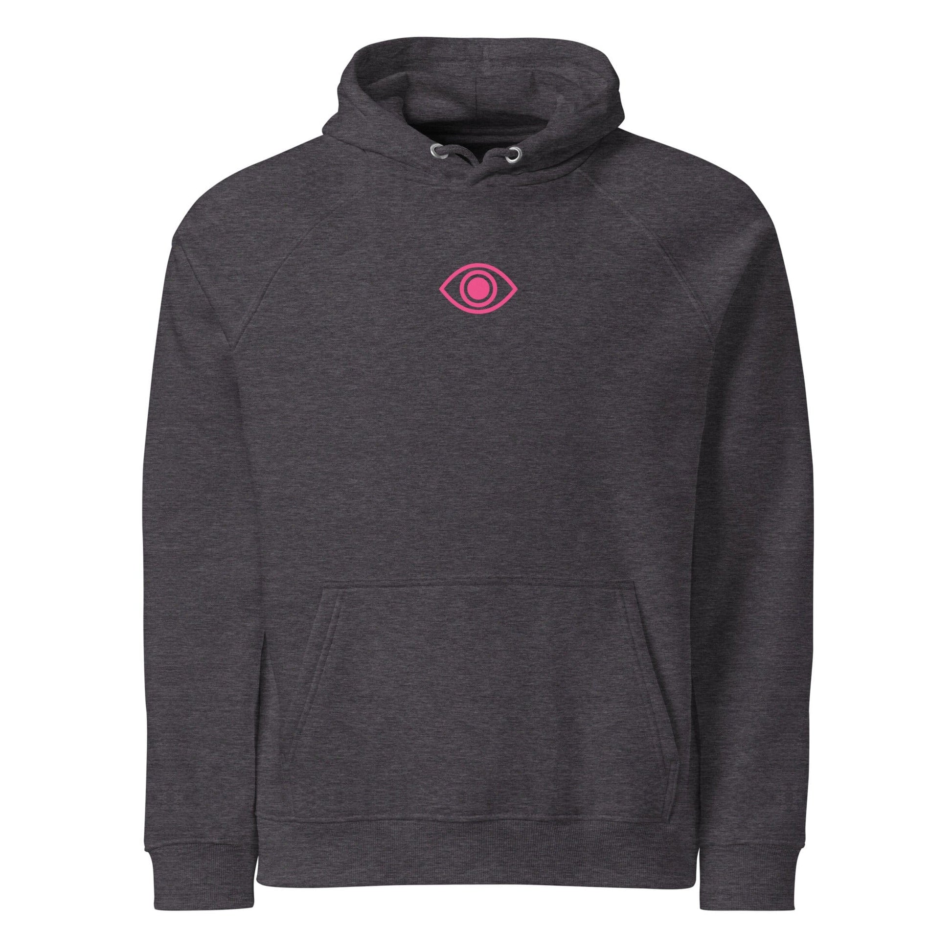 Pretty Eyes - Organic Comfort Hoodie (Centered Pink Logo/DS). Stylized Eye Design™/Femme Energy™ by Arissai - Arissai