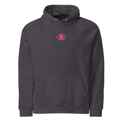 Pretty Eyes - Organic Comfort Hoodie (Centered Pink Logo/DS). Stylized Eye Design™/Femme Energy™ by Arissai - Arissai