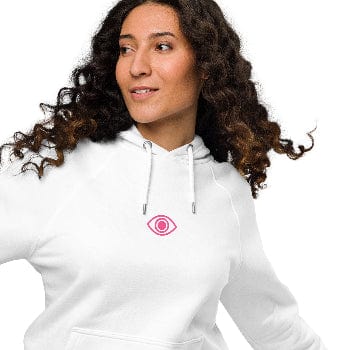 Pretty Eyes - Organic Comfort Hoodie (Centered Pink Logo/DS). Stylized Eye Design™/Femme Energy™ by Arissai - Arissai