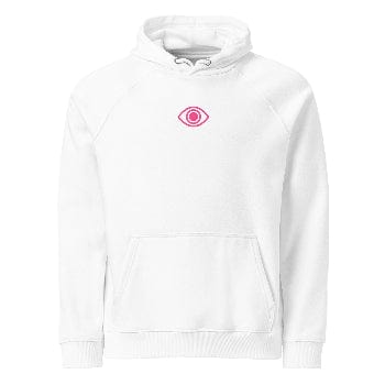 Pretty Eyes - Organic Comfort Hoodie (Centered Pink Logo/DS). Stylized Eye Design™/Femme Energy™ by Arissai - Arissai