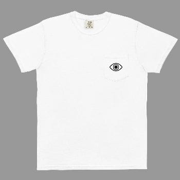 White t-shirt with a black eye logo on a white background