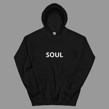 Black hoodie with 'SOUL' printed on it against a white background