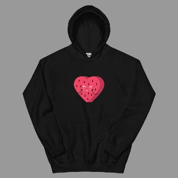 Black hoodie with a pink heart design on a white background