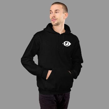 Man wearing a black hoodie with an eye logo on a gray background