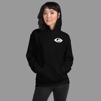 Person wearing a black hoodie with an eye logo on a white background