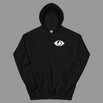 Black hoodie with a white eye logo on a white background