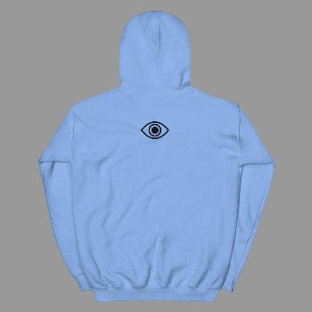 Light blue hoodie with a black eye symbol on the back against a white background
