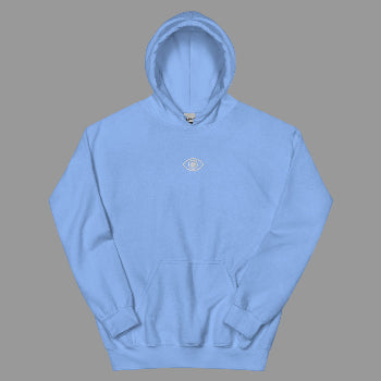 Light blue hoodie with a small eye logo on a white background