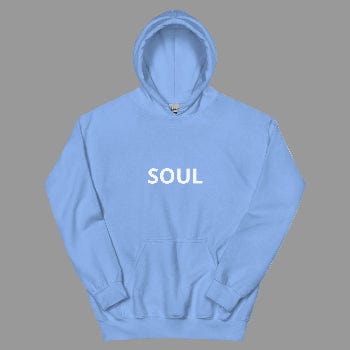 Light blue hoodie with 'SOUL' printed on it against a white background