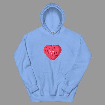 Light blue hoodie with a red heart design on a white background