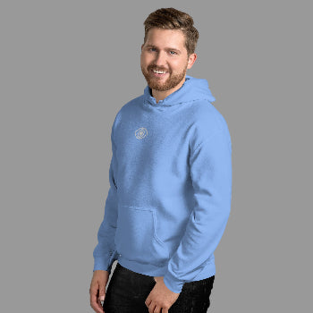 Man wearing a light blue hoodie against a white brick wall