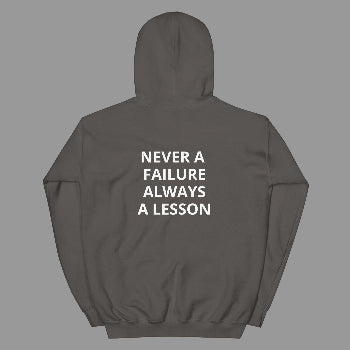 Dark gray hoodie with motivational text on the back against a white background