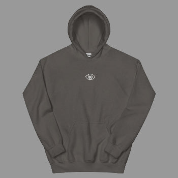 Dark gray hoodie with a small eye logo on the chest against a white background