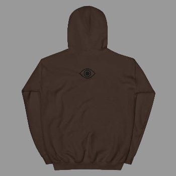 Brown hoodie with a black eye design on the back against a white background