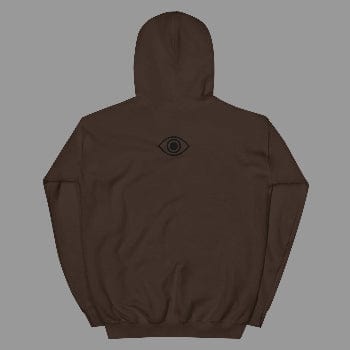 Brown hoodie with a black eye design on the back against a white background