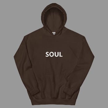 Brown hoodie with 'SOUL' printed on it against a white background