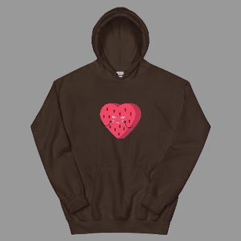 Brown hoodie with a pink heart design on a white background