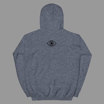 Gray hoodie with a black eye symbol on the back against a white background