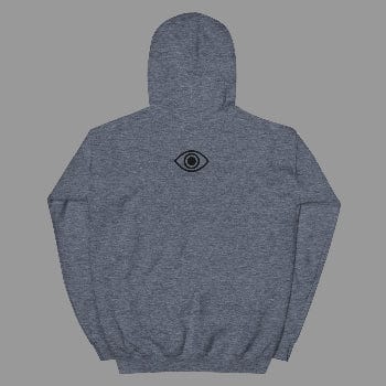 Gray hoodie with a black eye symbol on the back against a white background