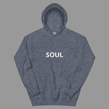 Gray hoodie with 'SOUL' printed on it against a white background