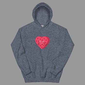 Gray hoodie with a red heart design on a white background