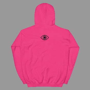 Pink hoodie with a black eye symbol on the back against a white background