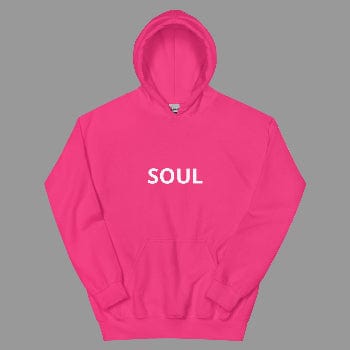Pink hoodie with 'SOUL' printed on it against a white background