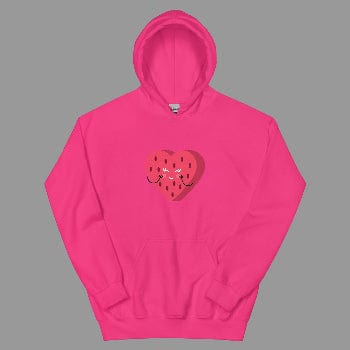 Pink hoodie with a strawberry graphic on a white background