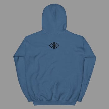 Blue hoodie with a black eye symbol on the back against a white background
