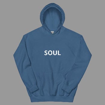 Blue hoodie with 'SOUL' printed on it against a white background