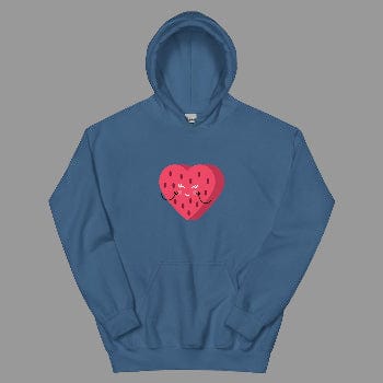 Blue hoodie with a red heart design on a white background