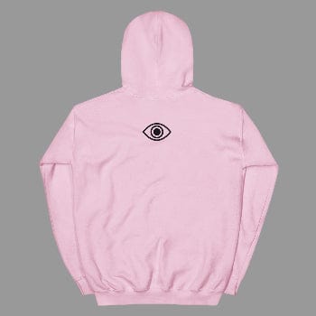 Pink hoodie with a black eye symbol on the back against a white background