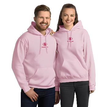 Two people wearing pink hoodies with Pretty eyes logo (2 sides) on a white background