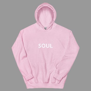 Pink hoodie with 'SOUL' printed on it against a white background