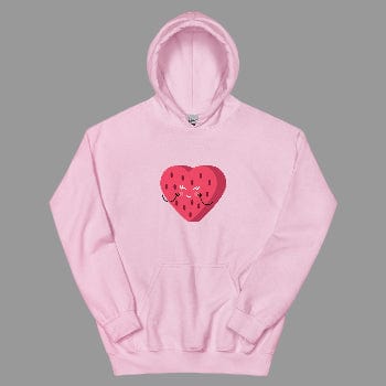 Pink hoodie with a red heart design on a white background