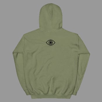 Green hoodie with a black eye symbol on the back against a white background