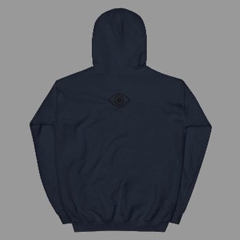 Black hoodie with a small eye design on the back against a white background