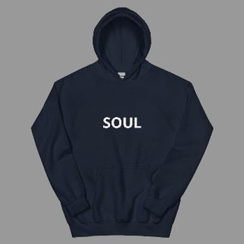 Navy blue hoodie with 'SOUL' printed on it against a white background
