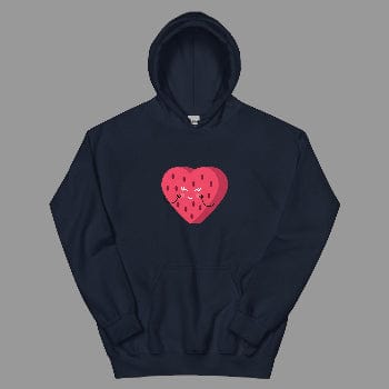 Navy blue hoodie with a pink strawberry heart design on a white background